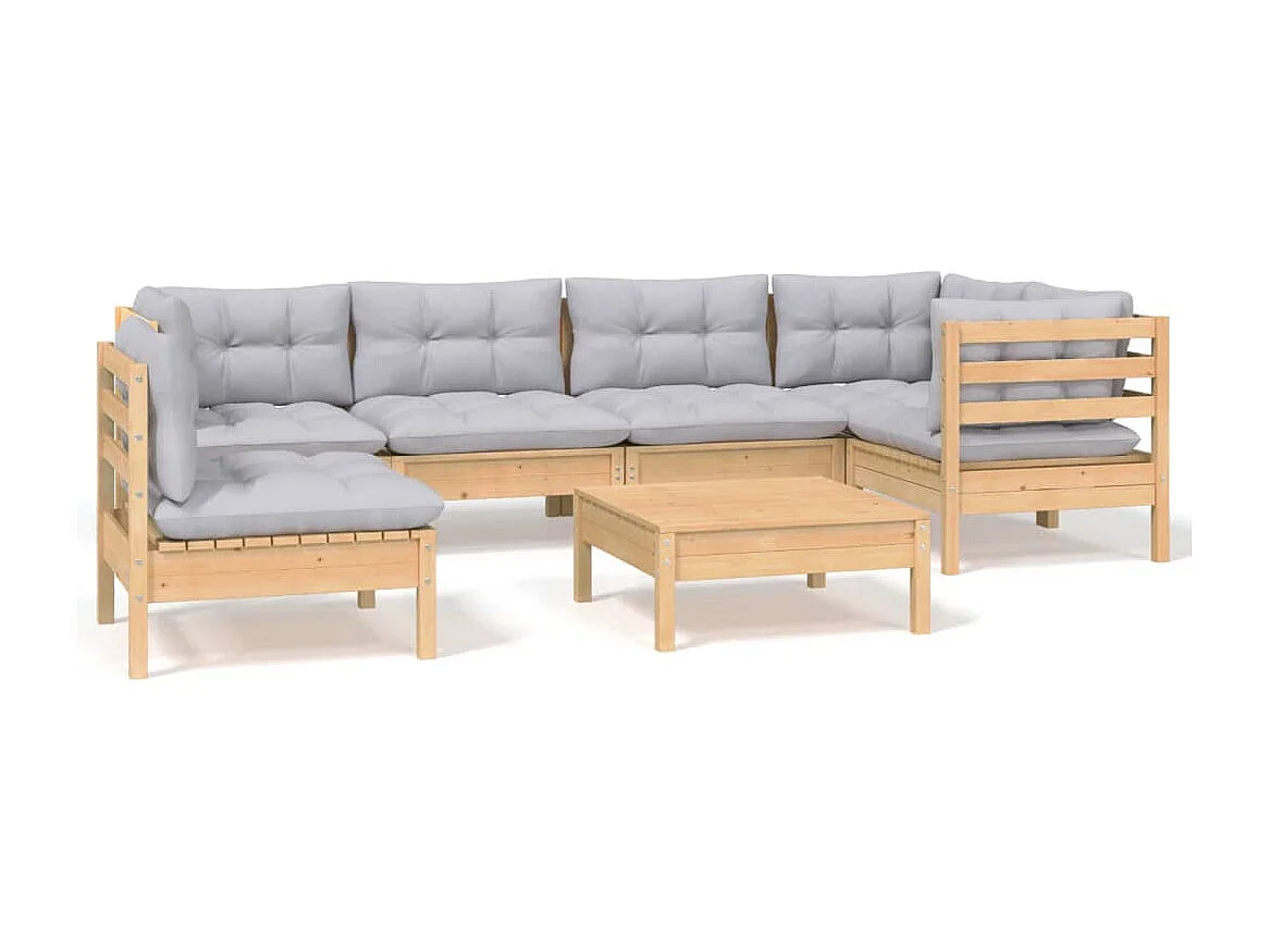 7-delige Loungeset met grijze kussens grenenhout