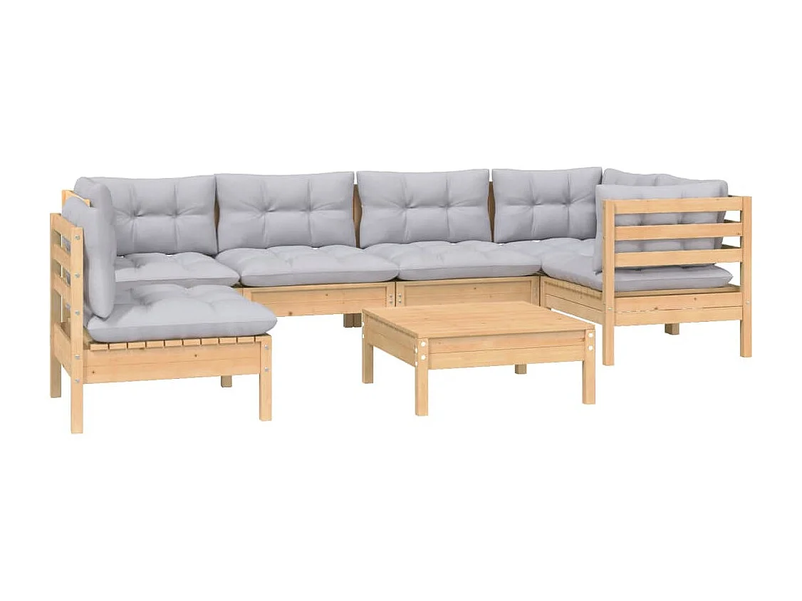 7-delige Loungeset met grijze kussens grenenhout