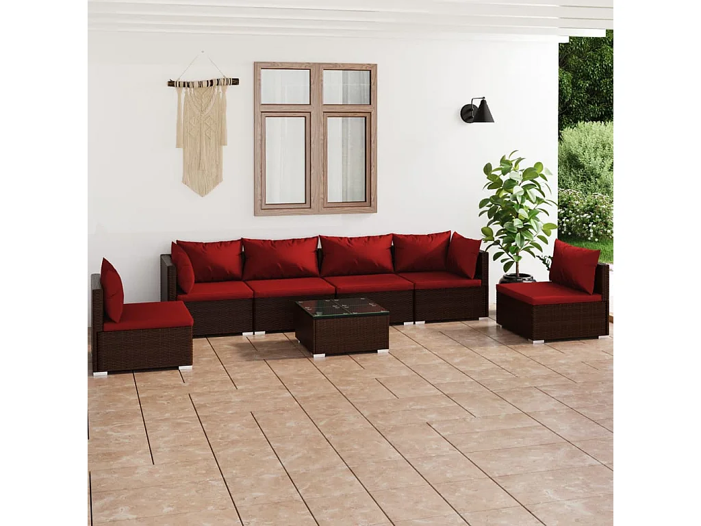 Salon de jardin 7 pièces avec coussins Résine tressée Marron