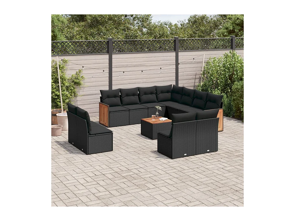 Salon de jardin 12 pièces avec coussins noir résine tressée