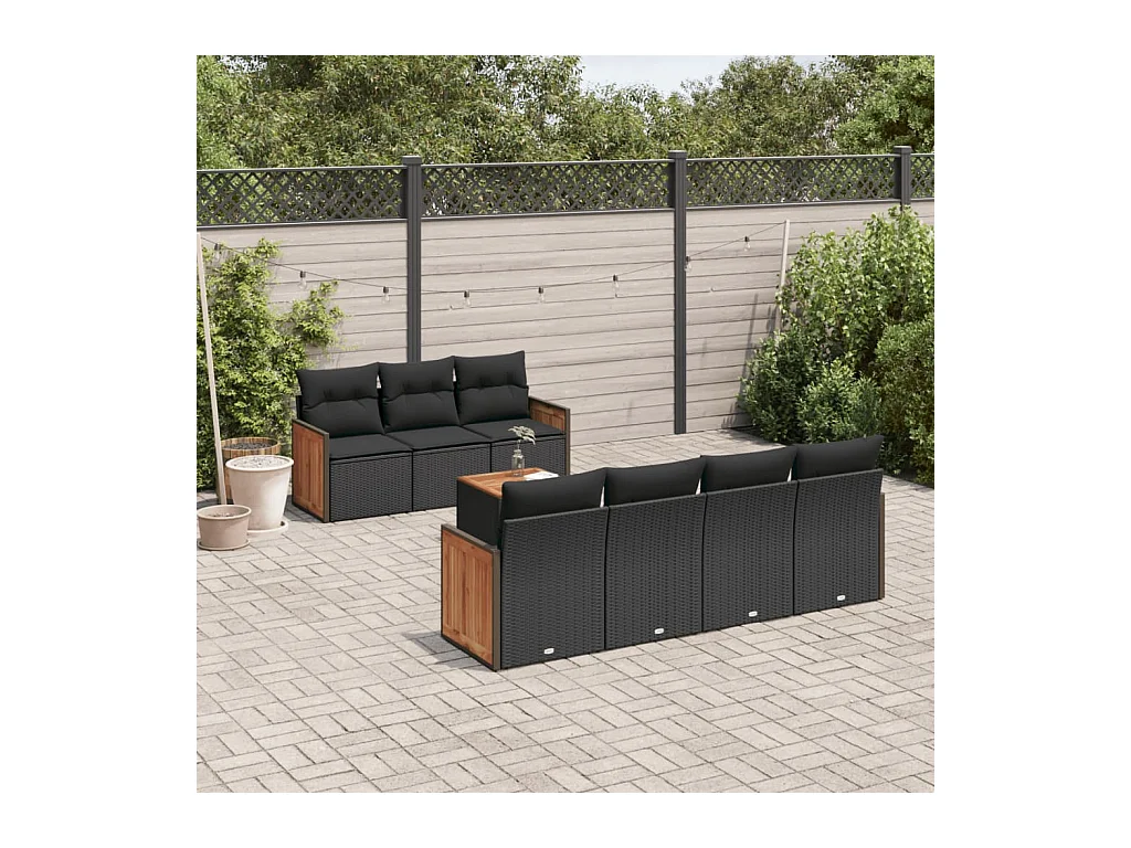 Salon de jardin 8 pièces avec coussins noir résine tressée