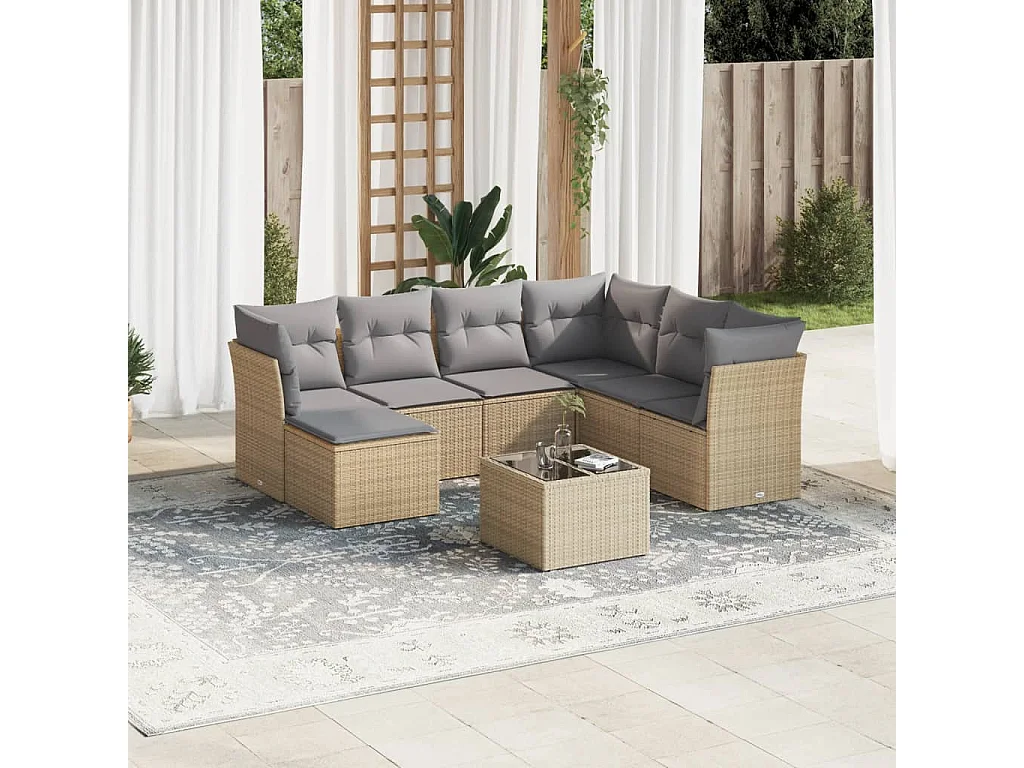 8-delige Loungeset met kussens poly rattan beige