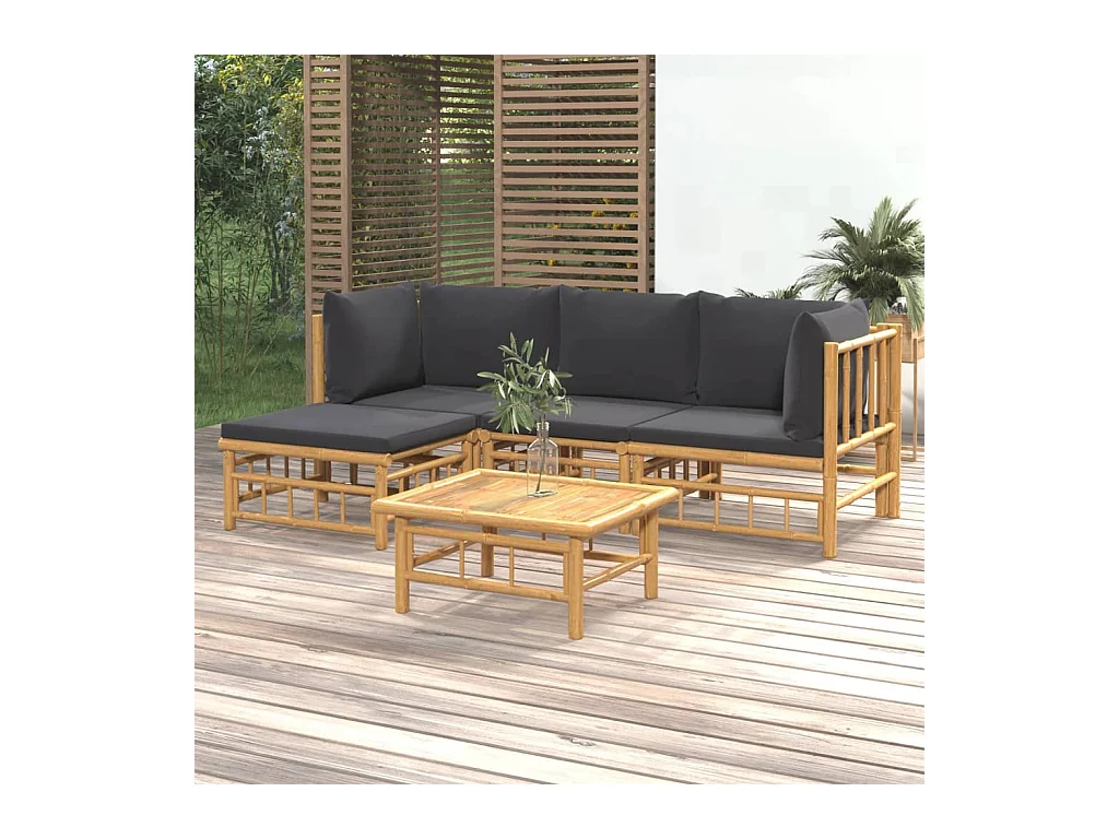 Salon de jardin 5 pièces avec coussins gris foncé bambou