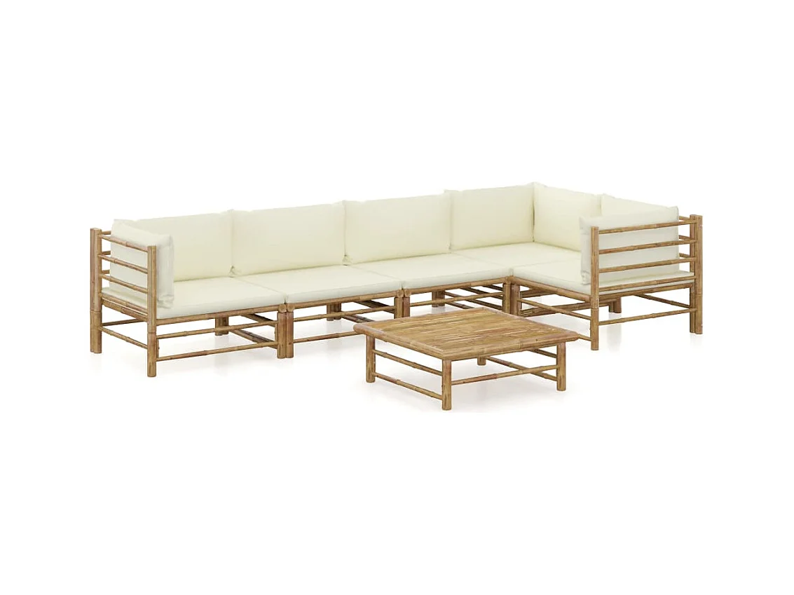 Salon de jardin 6 pièces avec coussins blanc crème Bambou