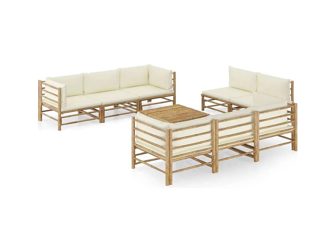Salon de jardin 9 pièces avec coussins blanc crème Bambou