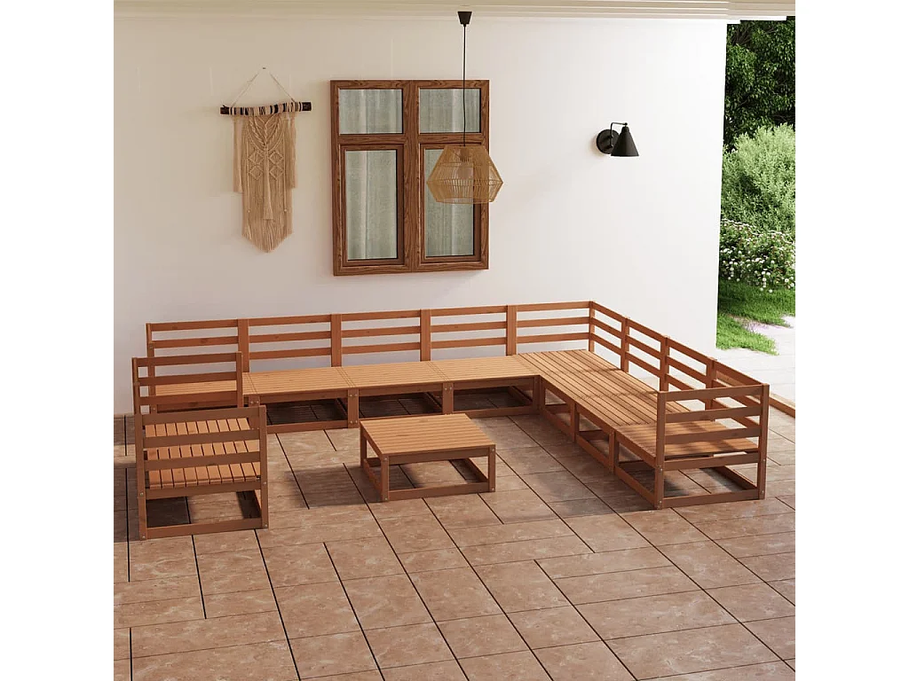 Salon de jardin 11 pièces marron miel bois de pin massif