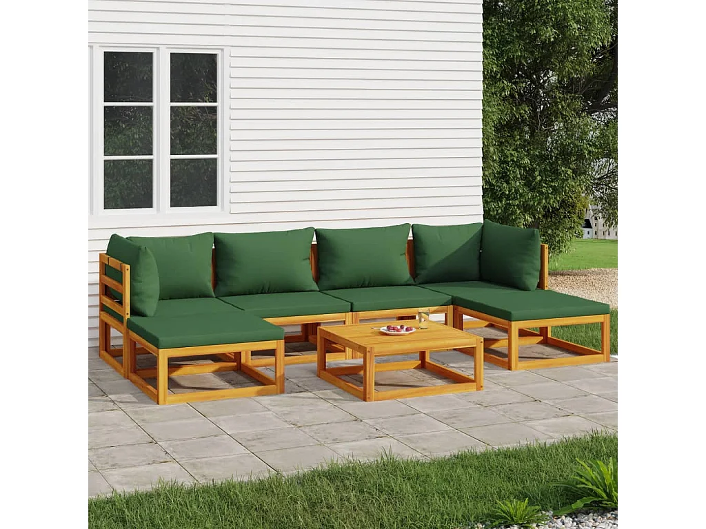 Salon de jardin 7 pièces avec coussins vert bois massif