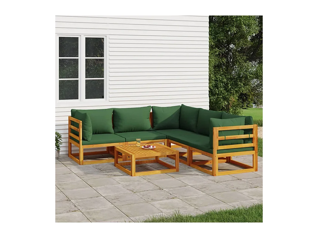 Salon de jardin 6 pièces avec coussins vert bois massif
