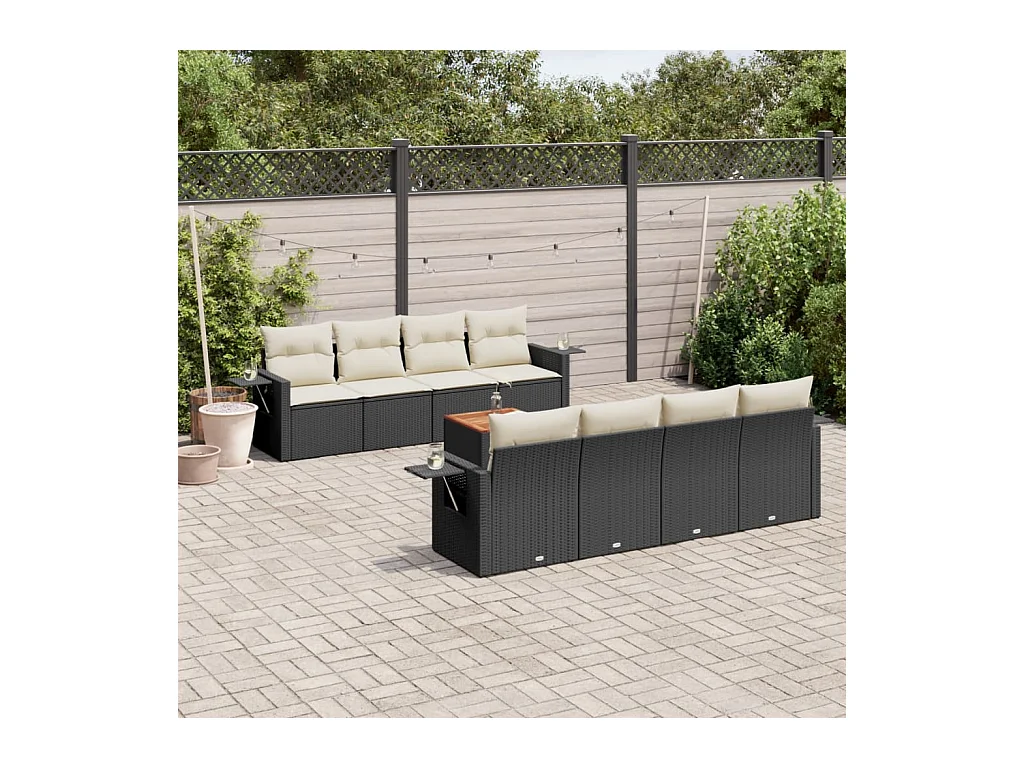 Salon de jardin 9 pièces avec coussins noir résine tressée