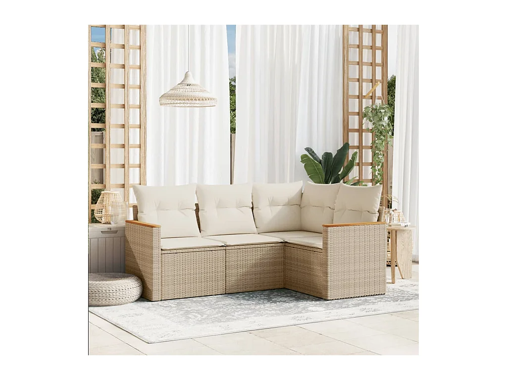 4 peças conjunto de sofás para jardim c/ almofadões vime PE bege