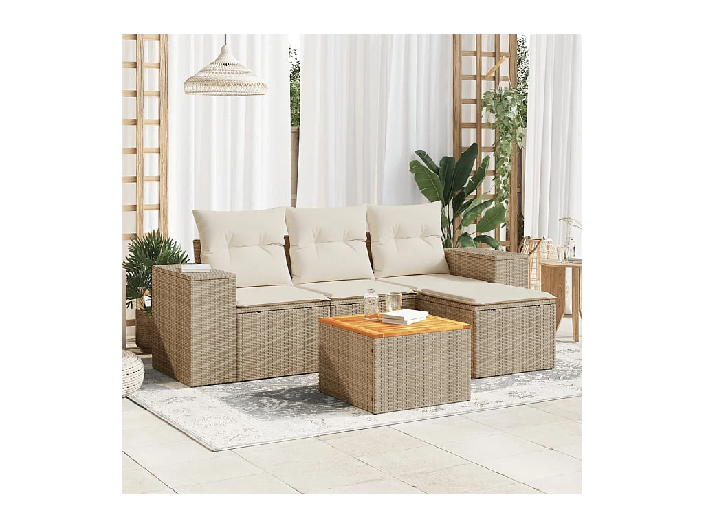 Salon de jardin avec coussins 5 pièces beige résine tressée