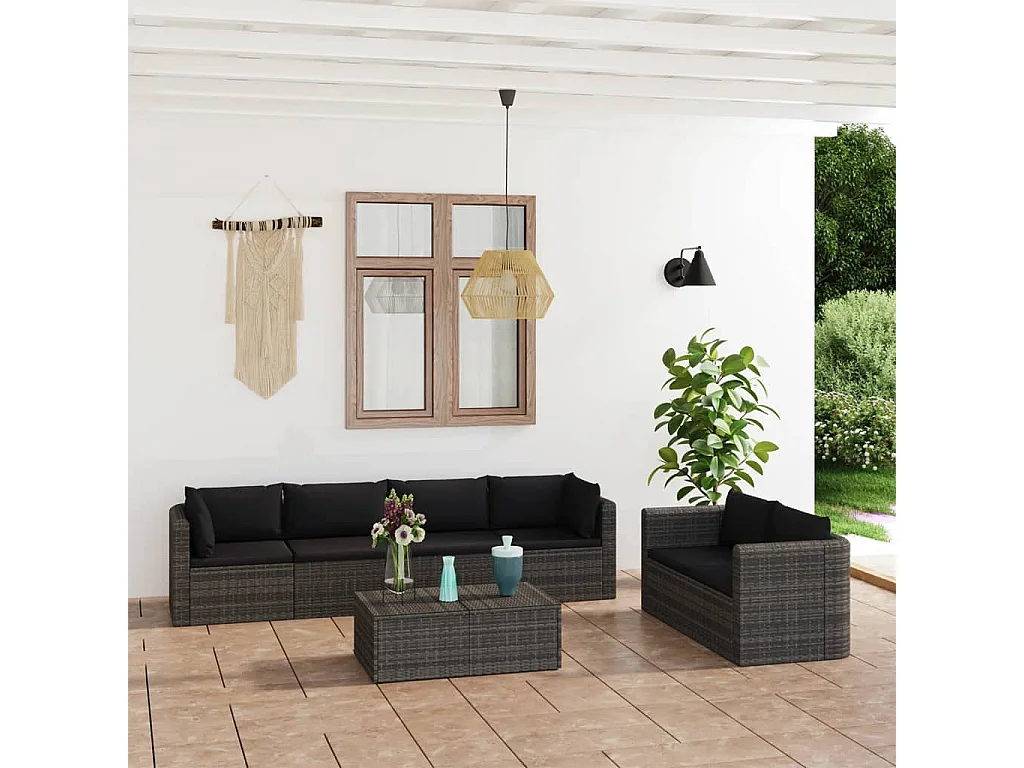 Salon de jardin 7 pièces avec coussins Résine tressée Gris
