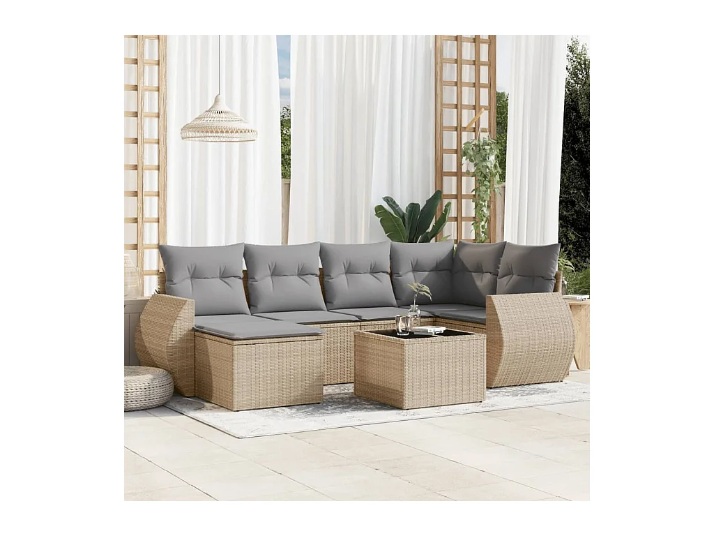 Set sofás de jardín 7 piezas y cojines ratán sintético beige