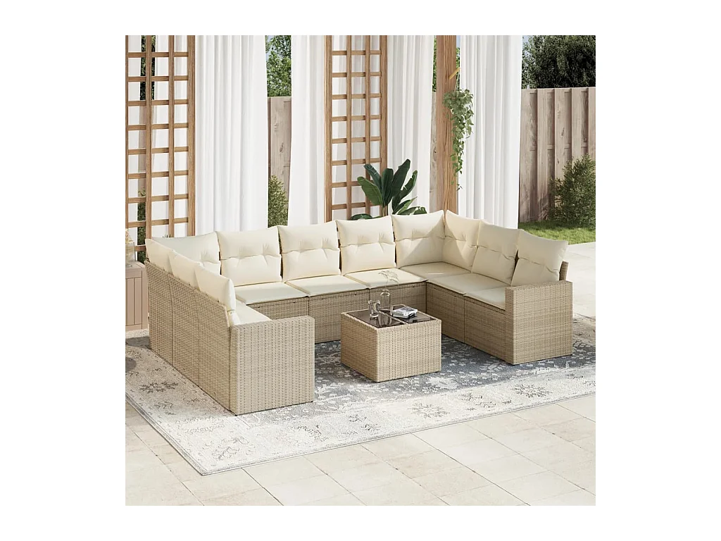 10-delige Loungeset met kussens poly rattan beige