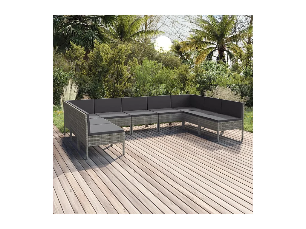 Salon de jardin 9 pièces avec coussins Résine tressée Gris
