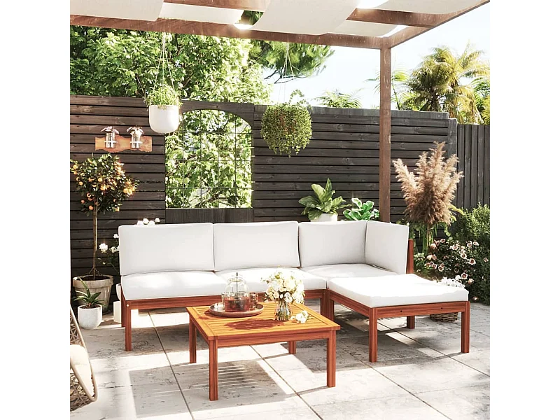 Salon de jardin 5 pièces avec coussins Crème Bois d'acacia solide