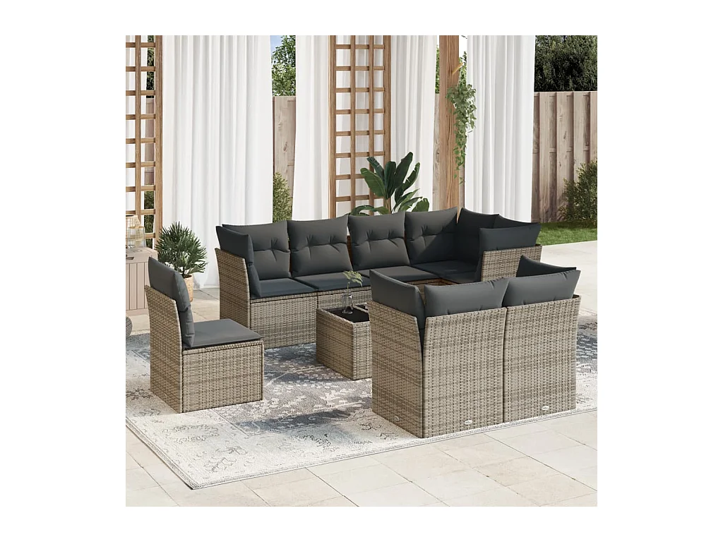 Salon de jardin 9 pièces avec coussins gris résine tressée