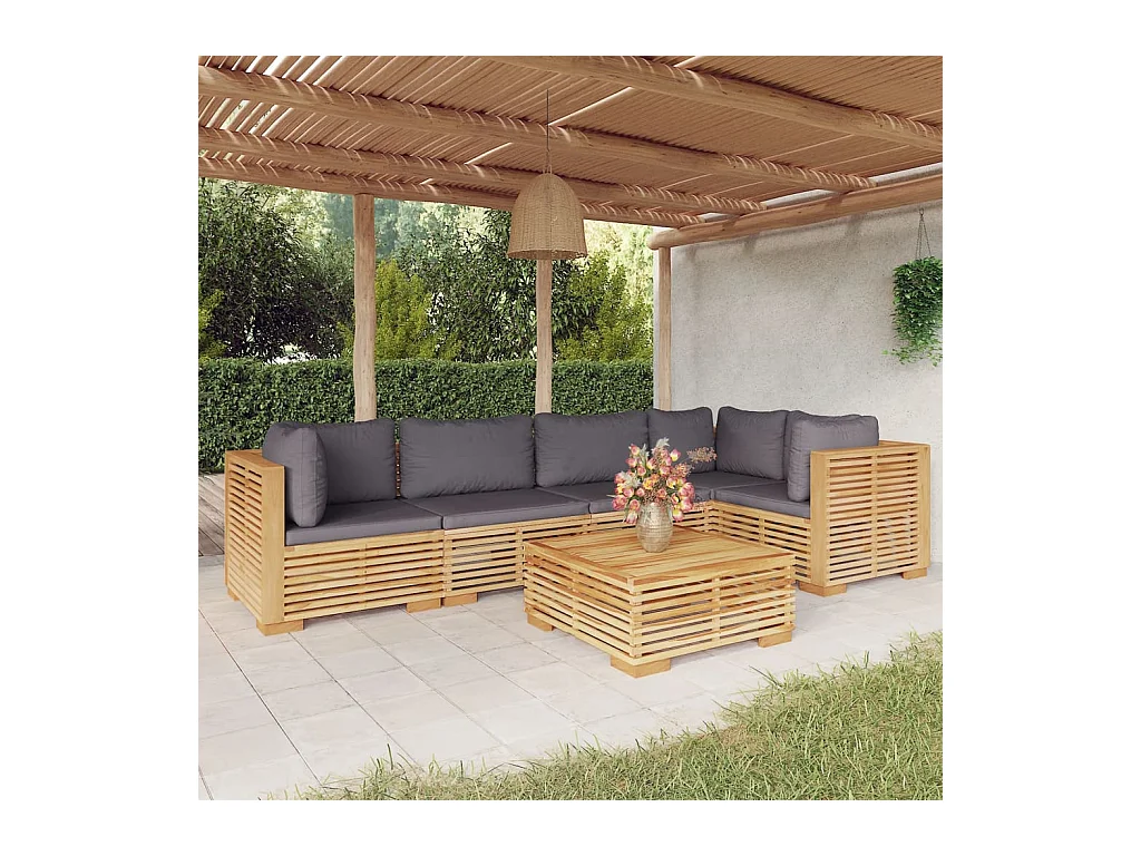 Salon de jardin 6 pièces avec coussins Bois de teck solide