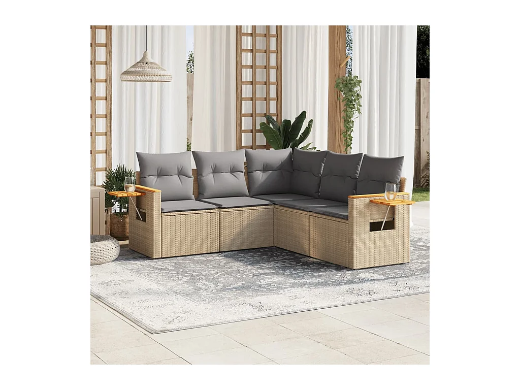 Salon de jardin avec coussins 5 pièces beige résine tressée