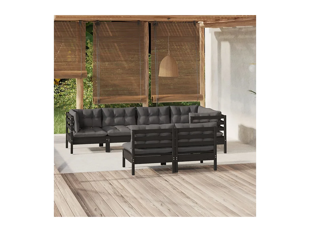 7 peças conjunto lounge jardim c/ almofadões pinho maciço preto