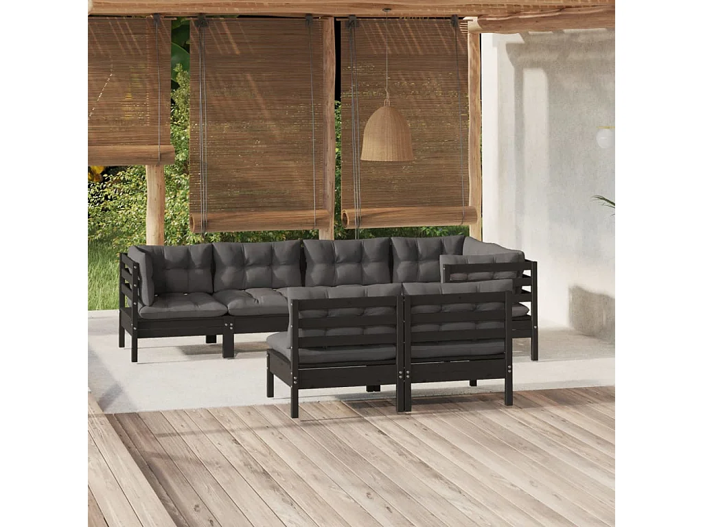 7 peças conjunto lounge jardim c/ almofadões pinho maciço preto
