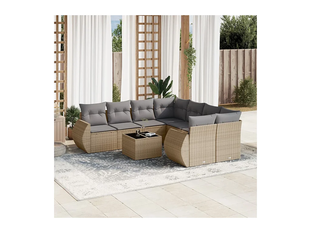 Salon de jardin avec coussins 9 pièces beige résine tressée