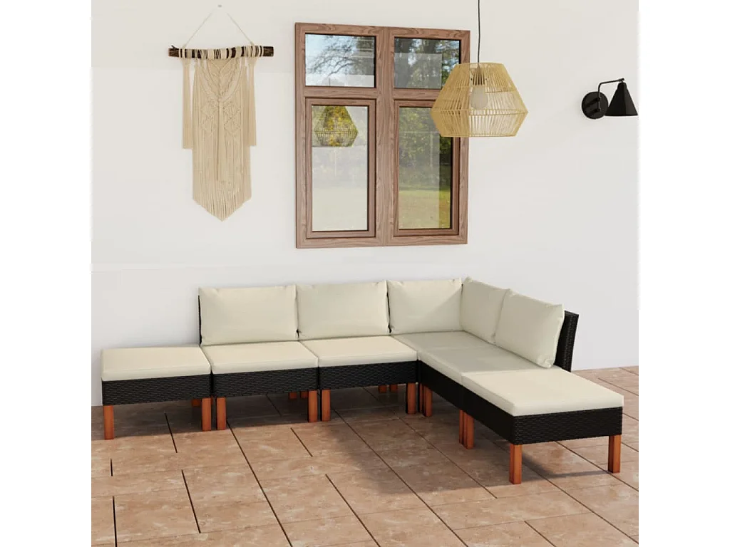 6-delige Loungeset met kussens poly rattan zwart