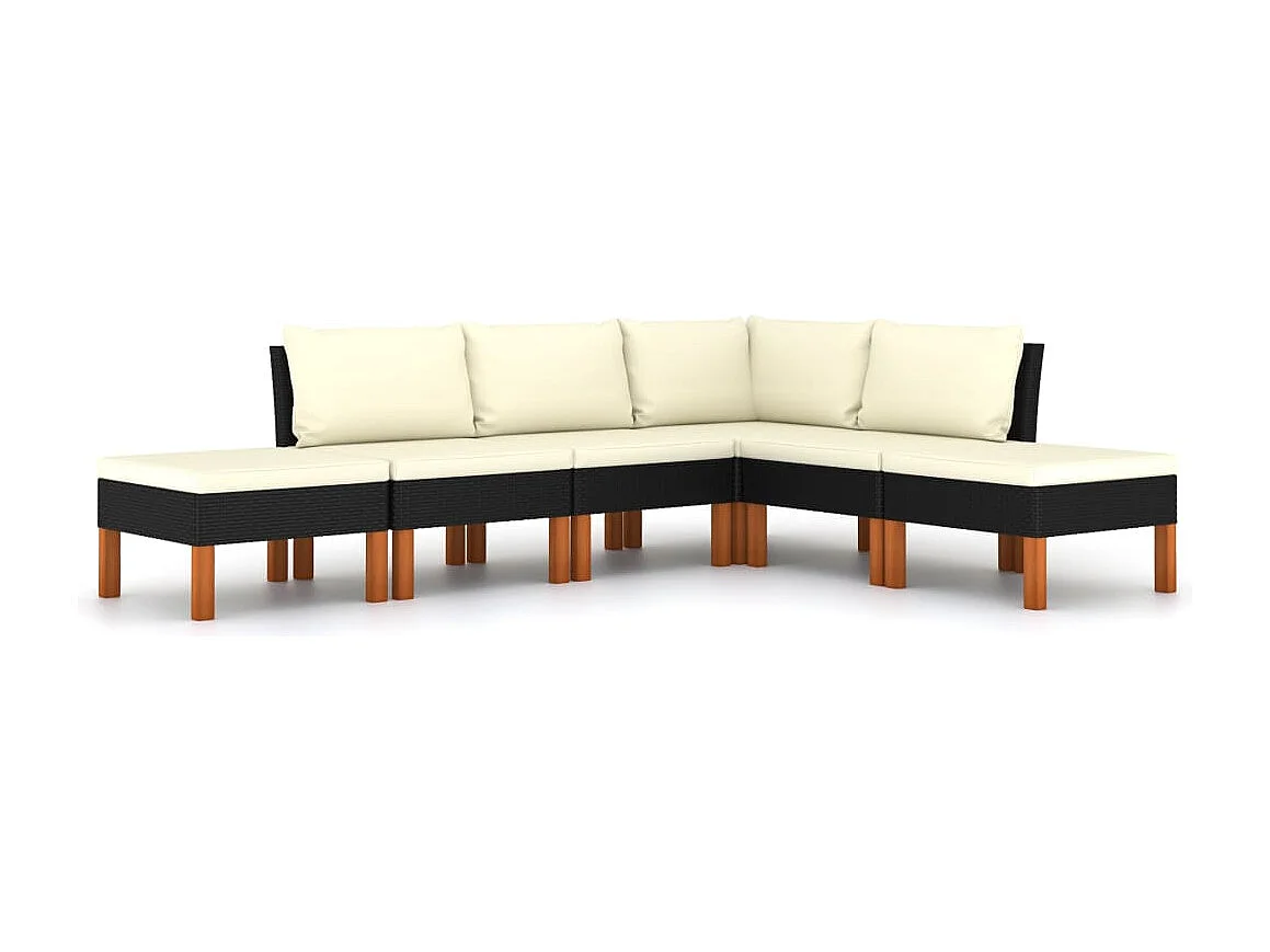 6-delige Loungeset met kussens poly rattan zwart
