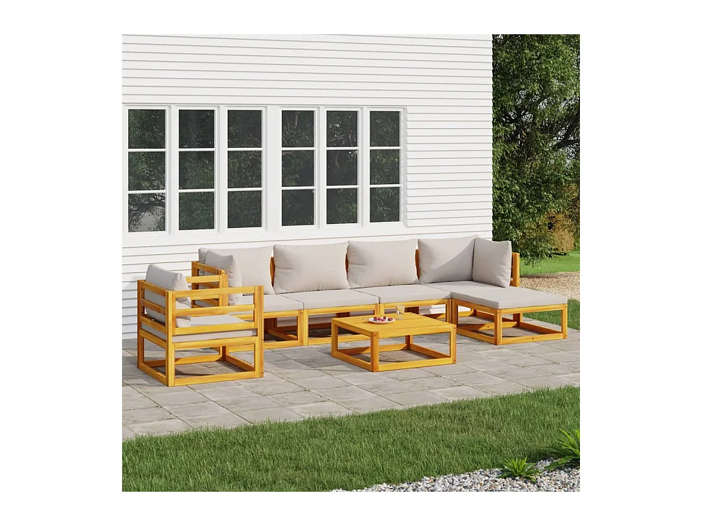 Salon de jardin 7 pièces avec coussins gris clair bois massif