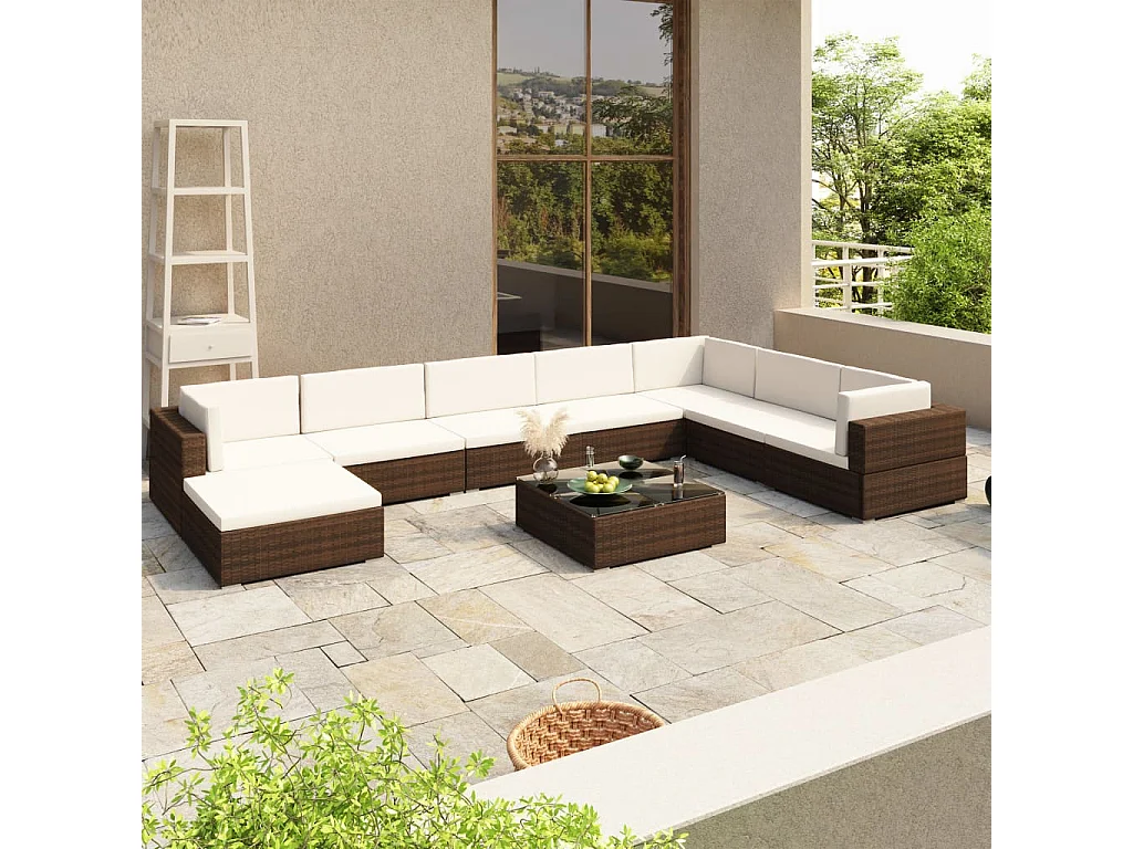 Salon de jardin 8 pièces avec coussins Résine tressée Marron