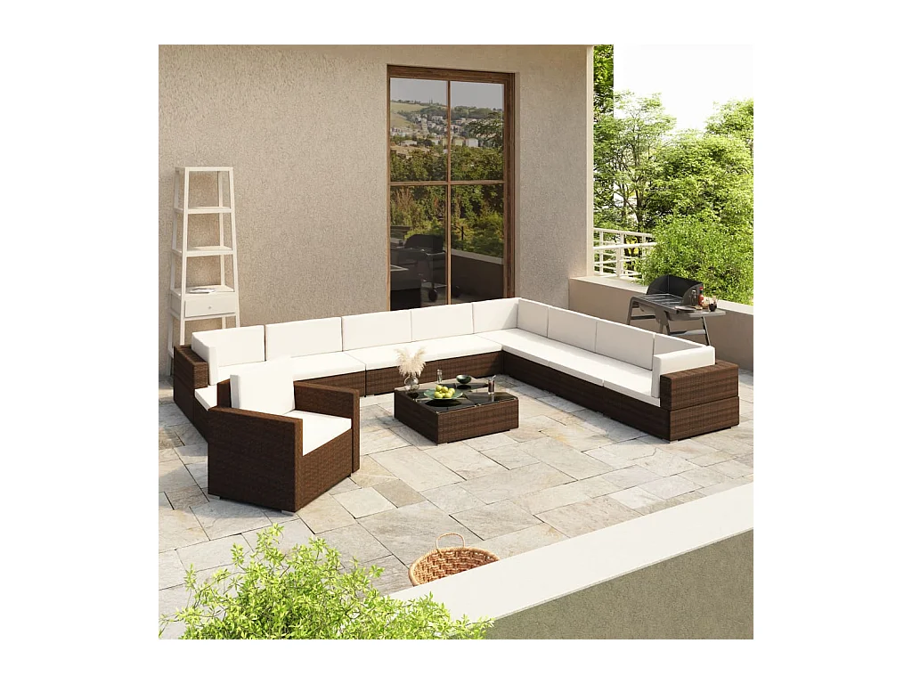 Salon de jardin 12 pièces avec coussins Résine tressée Marron
