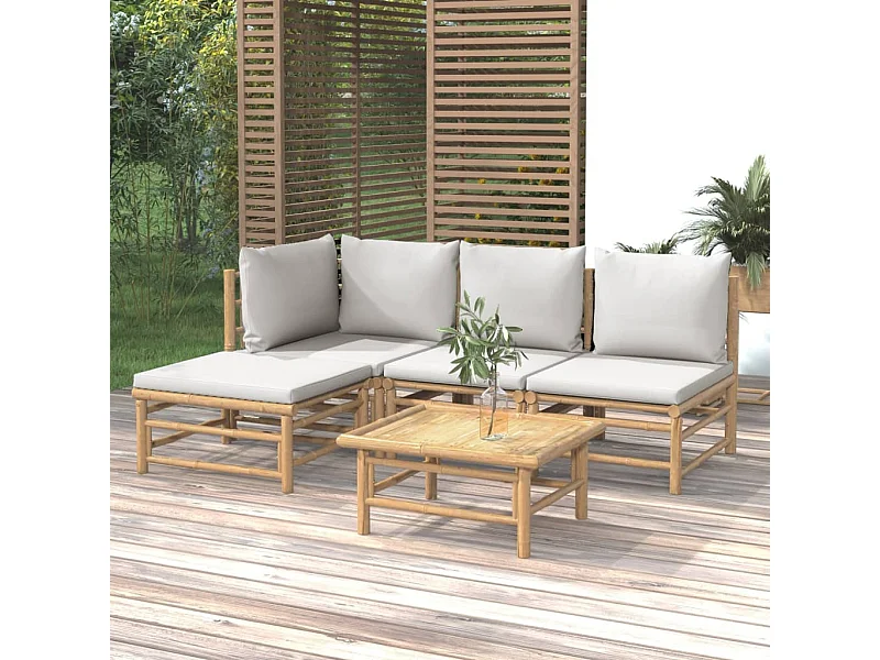 Salon de jardin 5 pièces avec coussins gris clair bambou