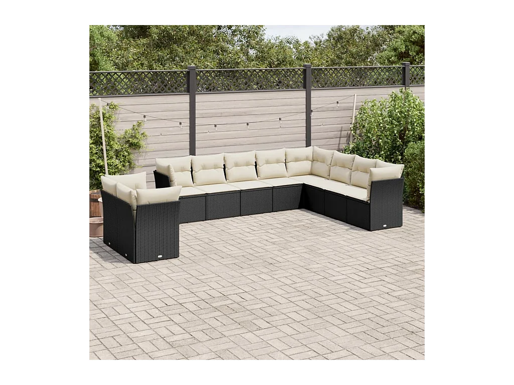 Salon de jardin 10 pièces avec coussins noir résine tressée
