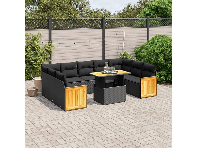 10-delige Loungeset met kussens poly rattan zwart