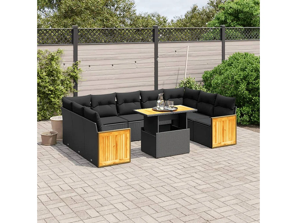 10-delige Loungeset met kussens poly rattan zwart