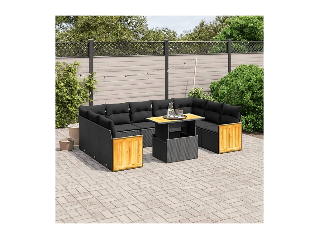 Salon de jardin 10 pièces avec coussins noir résine tressée