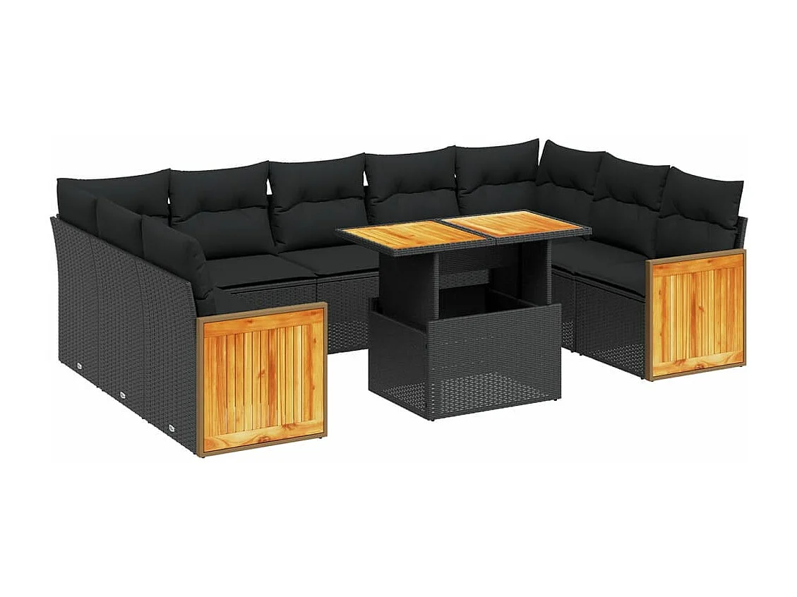 10 peças conjunto sofás de jardim c/ almofadões vime PE preto