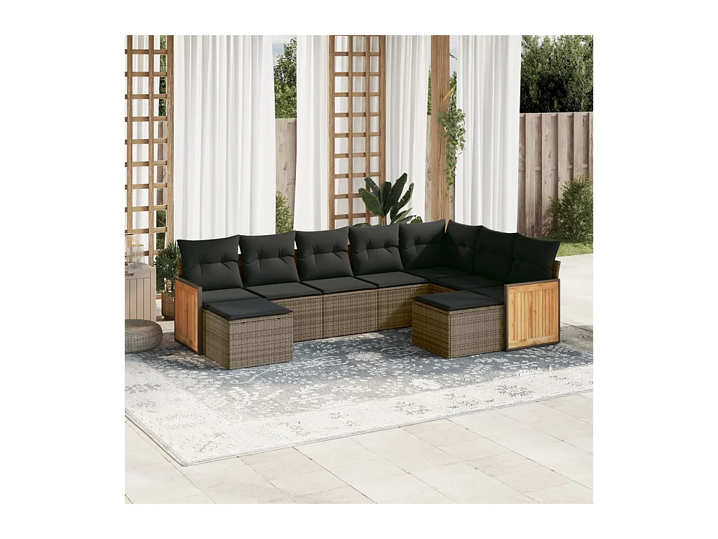 Salon de jardin 9 pièces avec coussins gris résine tressée