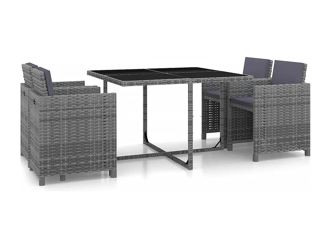 Set de comedor de jardín 5 piezas y cojines ratán sintético gris