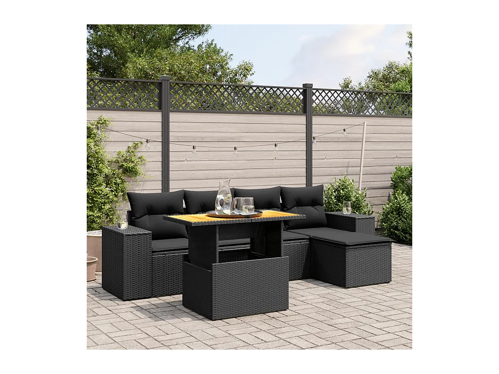Set de sofás de jardín 6 piezas y cojines ratán sintético negro