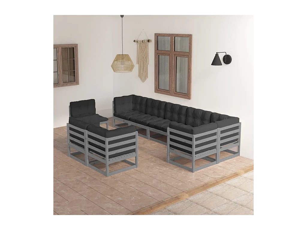 Juego de muebles de jardín 9 piezas y cojines madera pino maciza