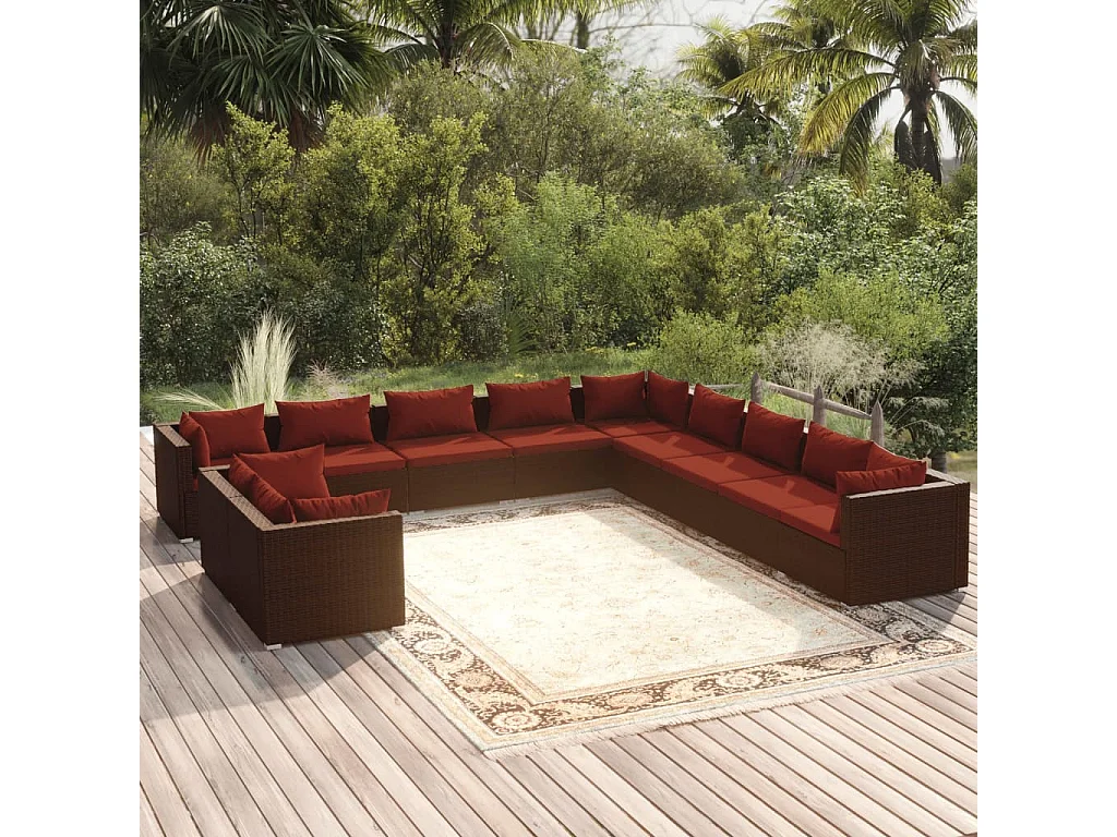 Set muebles de jardín 11 piezas cojines ratán sintético marrón