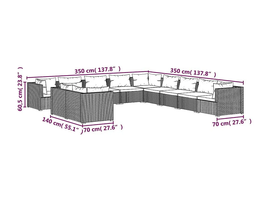 Set muebles de jardín 11 piezas cojines ratán sintético marrón