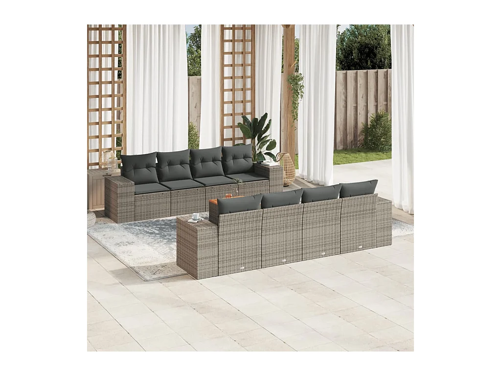 Salon de jardin 9 pièces avec coussins gris résine tressée
