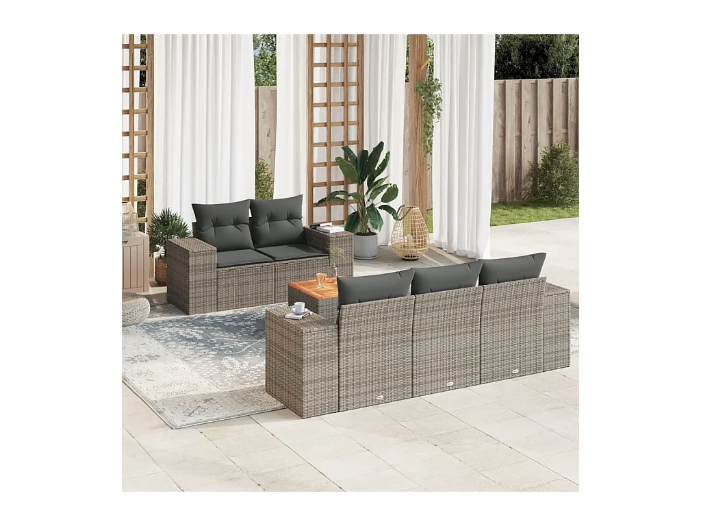 6-delige Loungeset met kussens poly rattan grijs