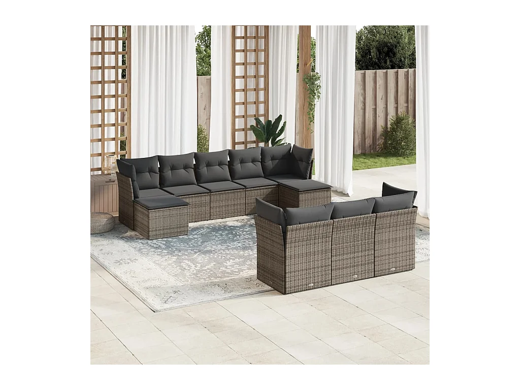 10 peças conjunto sofás de jardim c/ almofadões vime PE cinzento