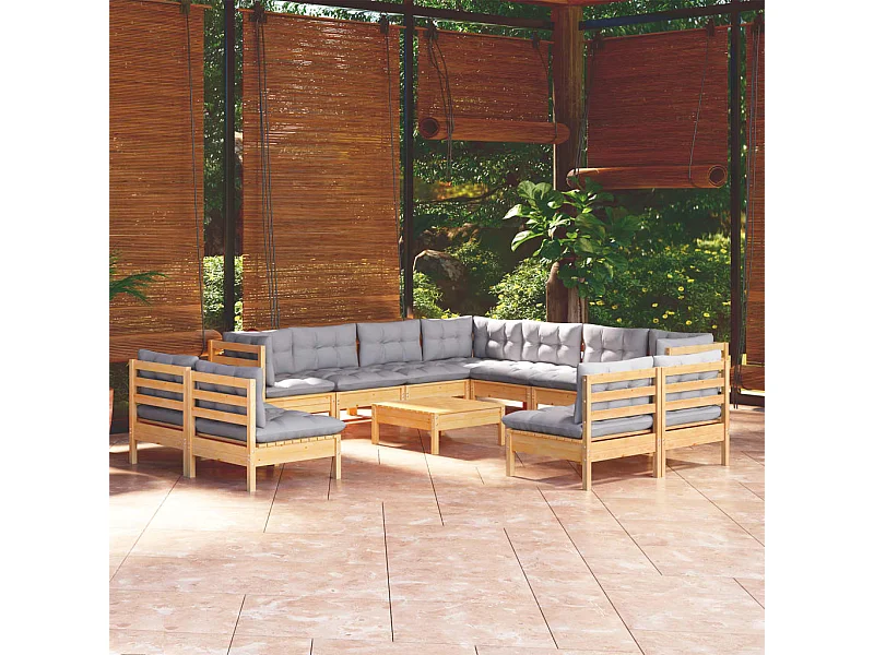 Salon de jardin 12 pièces avec coussins gris Bois de pin massif