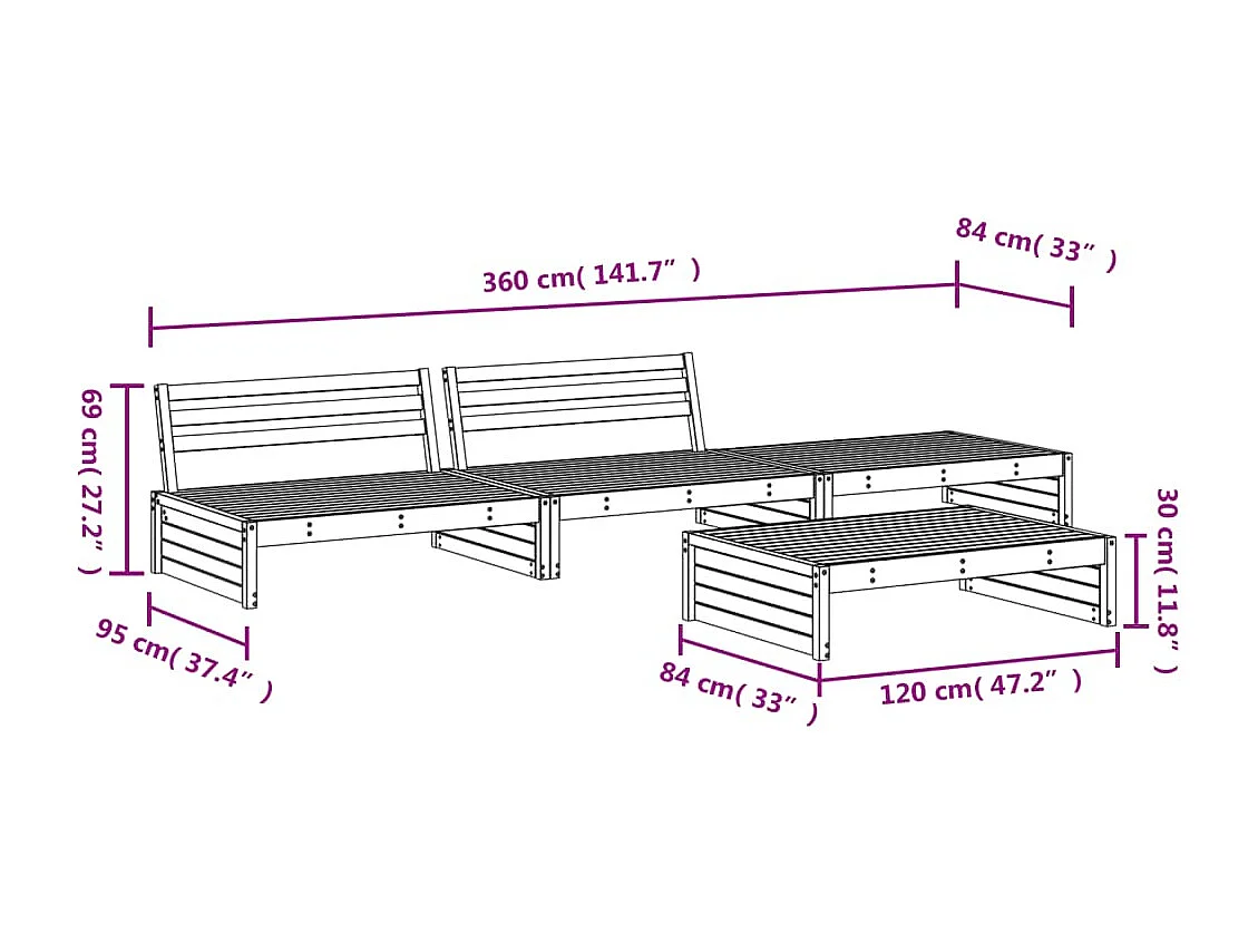 4-delige Loungeset massief grenenhout wit