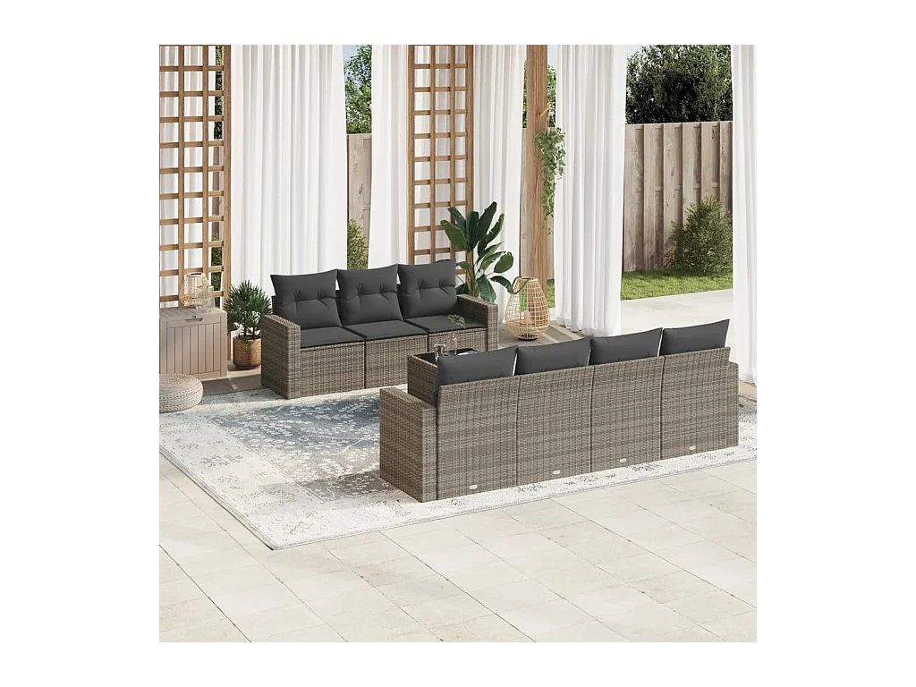 Set de sofás de jardín 8 piezas y cojines ratán sintético gris