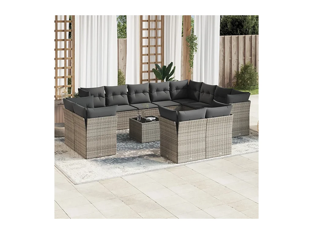 Salon de jardin avec coussins 13 pièces gris résine tressée